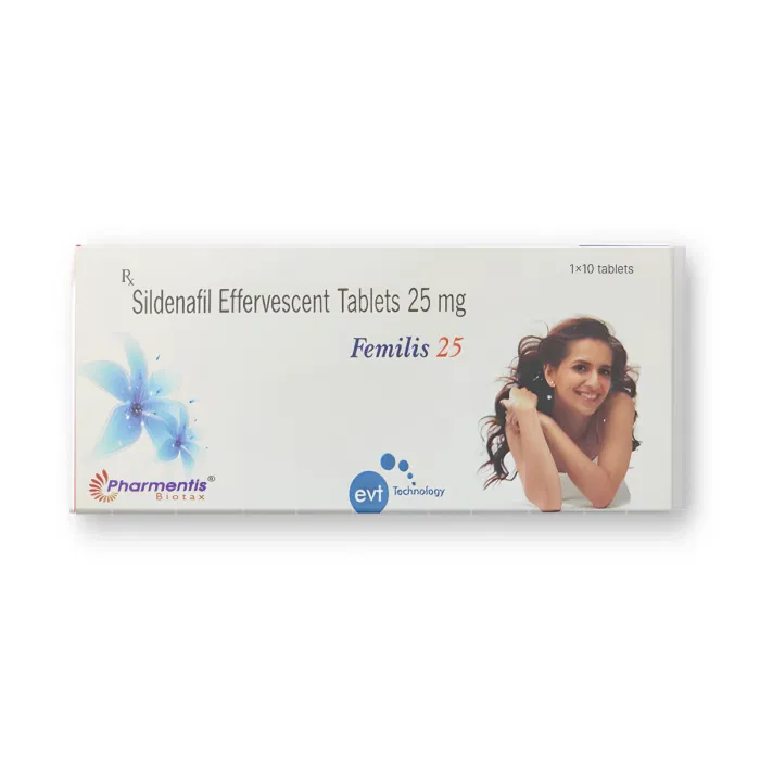 Femilis 25 Effervescent Tablet Box/Carton showing the Front face.