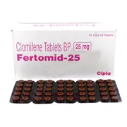 Fertomid 25 Mg Box/Carton + Blister Pack showing the Front face.