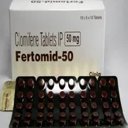 Fertomid 50 Mg Box/Carton + Blister Pack showing the Front face.