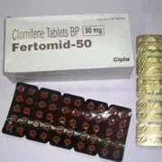 Fertomid 50 Mg Box/Carton + Blister Pack showing the Front face.