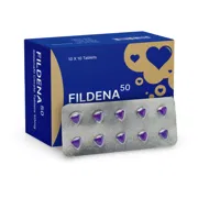 Fildena 50 Mg Box/Carton + Blister Pack showing the Front face.
