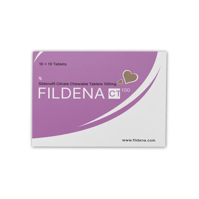 Fildena Chewable Tablet 100 Mg Box/Carton showing the Front face.