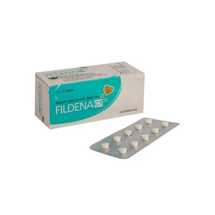Fildena CT 50 Mg Box/Carton + Blister Pack showing the Front face.