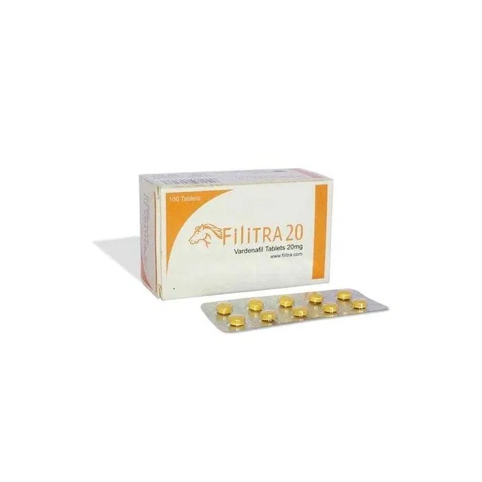 Filitra 20 Mg Tablet Box/Carton + Blister Pack showing the Front face.