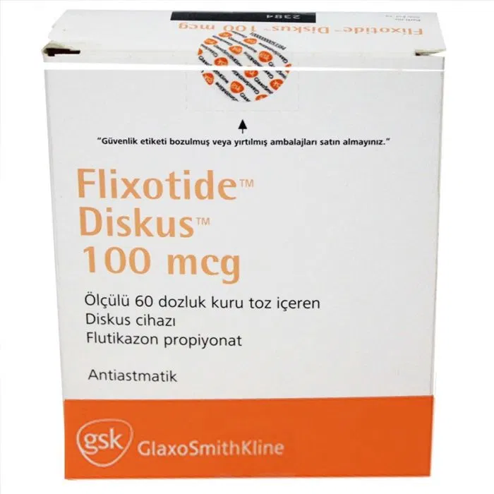Flixotide Discus 100 Mcg Box/Carton showing the Front face.