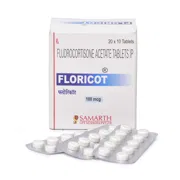 Floricot 0.1 Mg Box/Carton + Blister Pack showing the Front face.