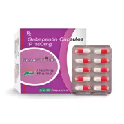Gabatop 100 Mg Capsule Box/Carton + Blister Pack showing the Front face.