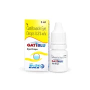 Gatiblu 5 ml Box/Carton + Eye Drops Bottle showing the Front face.