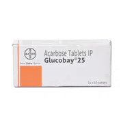 Glucobay 25 Mg Box/Carton showing the Front face.