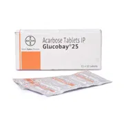 Glucobay 25 Mg Box/Carton + Blister Pack showing the Front face.