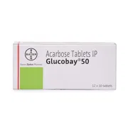 Glucobay 50 Mg Box/Carton showing the Front face.
