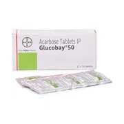 Glucobay 50 Mg Box/Carton + Blister Pack showing the Front face.