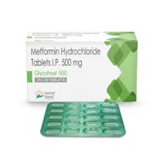 Glycoheal 500 Mg Tablet Box/Carton + Blister Pack showing the Front face.