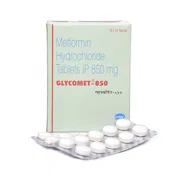 Glycomet 850 Mg Box/Carton + Blister Pack showing the Front face.
