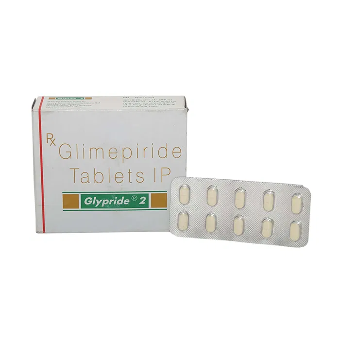 Glypride 2 Mg Box/Carton + Blister Pack showing the Front face.