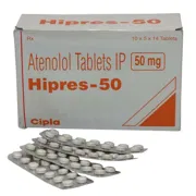 Hipres 50 Mg Box/Carton + Blister Pack showing the Front face.