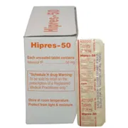 Hipres 50 Mg Box/Carton + Blister Pack showing the Front face.