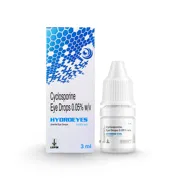 Hydroeyes 0.05% Eye Drop 3 ml Box/Carton + Eye Drops Bottle showing the Front face.