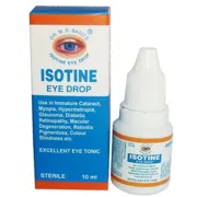 Isotine 10 ml Eye Drops Bottle + Box/Carton showing the Front face.
