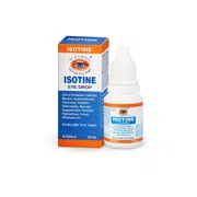 Isotine 10 ml Box/Carton + Eye Drops Bottle showing the Front face.