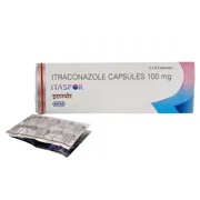 Itaspor 100 Mg Box/Carton + Blister Pack showing the Front face.