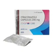 Itaspor 200 Mg Box/Carton + Blister Pack showing the Front face.