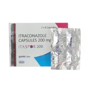 Itaspor 200 Mg Box/Carton + Blister Pack showing the Front face.