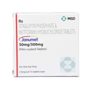 Janumet 50 + 500 Mg Box/Carton + Blister Pack showing the Front face.