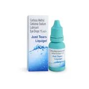 Just Tears Liquigel Box/Carton + Eye Drops Bottle showing the Front face.