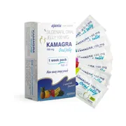 Kamagra Oral Jelly Rx 100 Mg Box/Carton + Sachet showing the Front face.