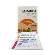 Kamagra oral jelly vol 3 Box/Carton + Sachet showing the Front face.