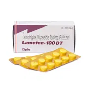 Lametec 100 Mg Box/Carton + Blister Pack showing the Front face.