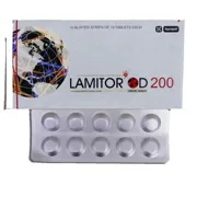 Lamitor 200 Mg Box/Carton + Blister Pack showing the Front face.