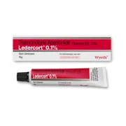 Ledercort 0.1% Ointment 15 gm Tube showing the Front face.