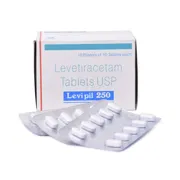 Levipil 250 Mg Box/Carton + Blister Pack showing the Front face.