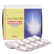 Levoflox 500 Mg Box/Carton + Blister Pack showing the Front face.