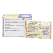 Levoflox 500 Mg Box/Carton + Blister Pack showing the Front face.