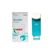 Levolin 50 Mcg (200mdi) Inhaler Box/Carton + Inhaler showing the Front face.