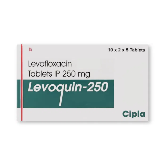 Levoquin 250 Mg Box/Carton showing the Front face.