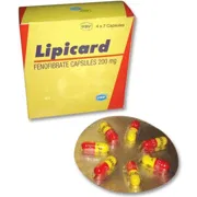 Lipicard 200 Mg Capsule Box/Carton + Blister Pack showing the Front face.