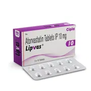 Lipvas 10 Mg Tablet Box/Carton + Blister Pack showing the Front face.