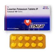 Losacar 50 Tablet Box/Carton + Blister Pack showing the Front face.