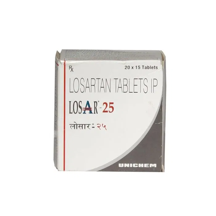 Losar 25 Mg Box/Carton showing the Front face.