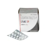 Losar 25 Mg Box/Carton + Blister Pack showing the Front face.