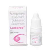Lotepred Eye Drop of 5 ml Box/Carton + Eye Drops Bottle showing the Front face.