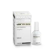 Lox 10% Spray Box/Carton + Bottle showing the Front face.