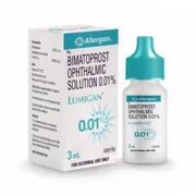 Lumigan 3 ml (0.01%) Box/Carton + Eye Drops Bottle showing the Front face.