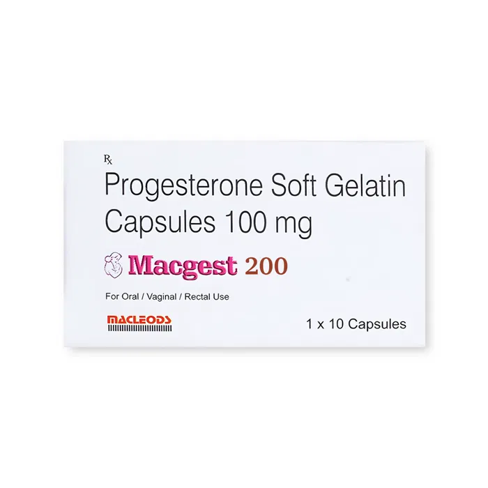 Macgest 200 Capsule Box/Carton showing the Front face.