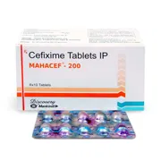 Mahacef 200 Tablet Box/Carton + Blister Pack showing the Front face.
