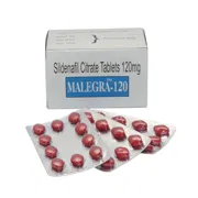 Malegra 120 Mg Box/Carton + Blister Pack showing the Front face.